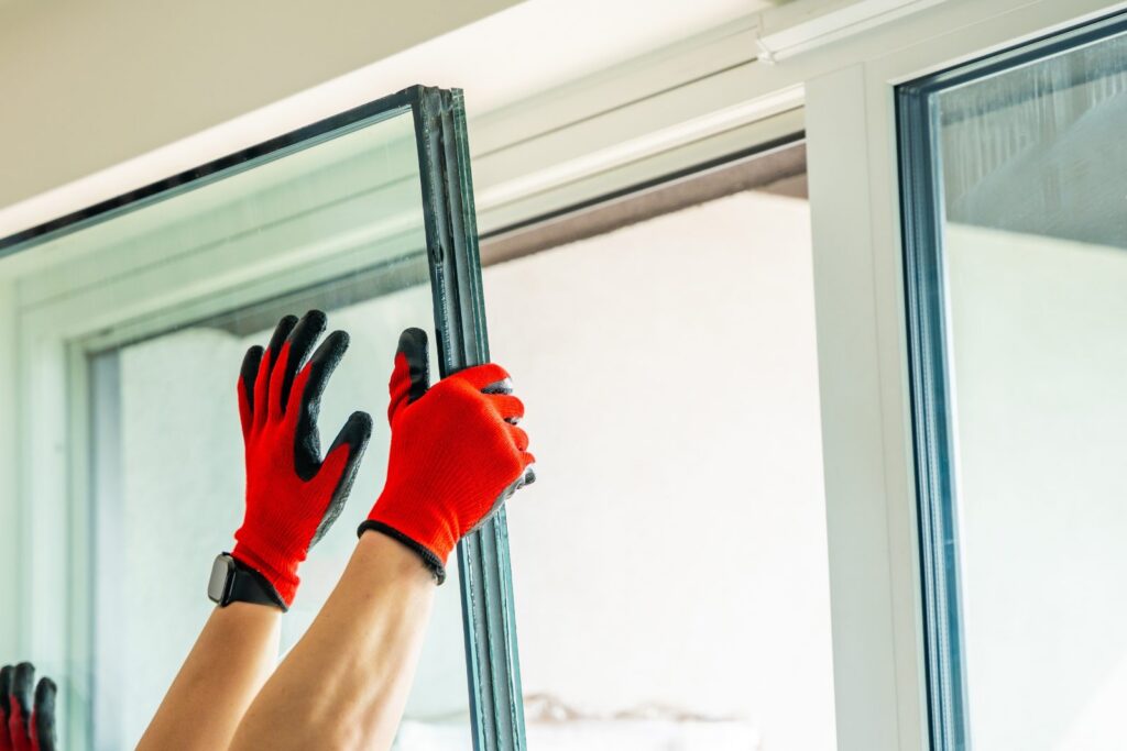 Glazier in red gloves lifting a new glass pane into a white window frame